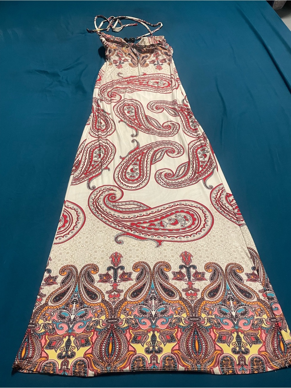 Backless Paisley Halter Maxi Dress - Cream & Red